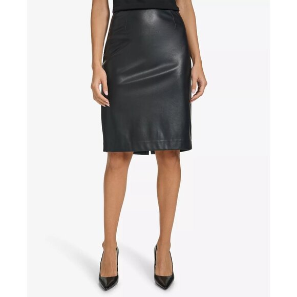Calvin Klein Women's Black Luxe Faux-Leather Pencil Skirt NWT Size NWT - Picture 1 of 4